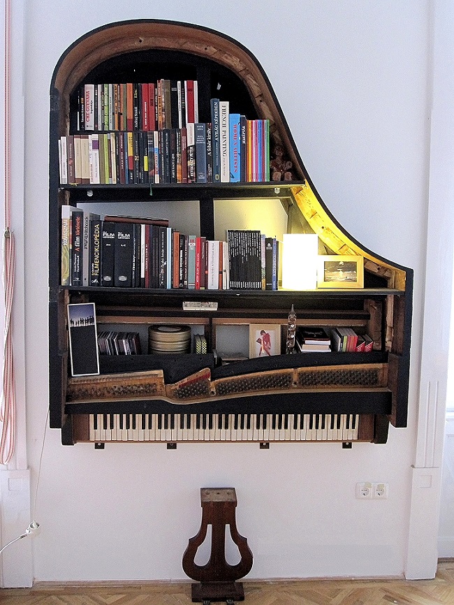 Upcycled Hanging Piano Bookshelf