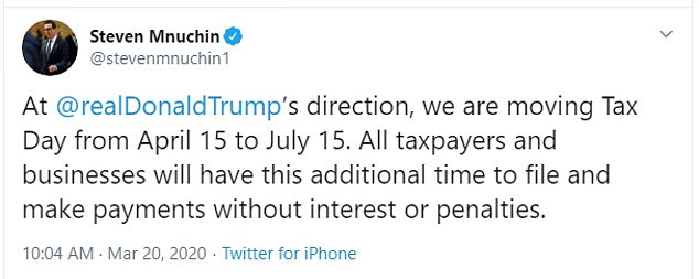 Steven Mnuchin Tax Extension Tweet July 15 2020