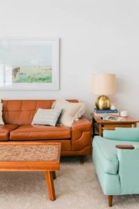 brown sofa and aqua chair