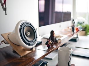home office desk with speaker lo-fi music for focus