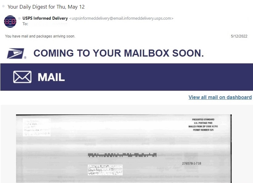 USPS Informed Delivery Example Email