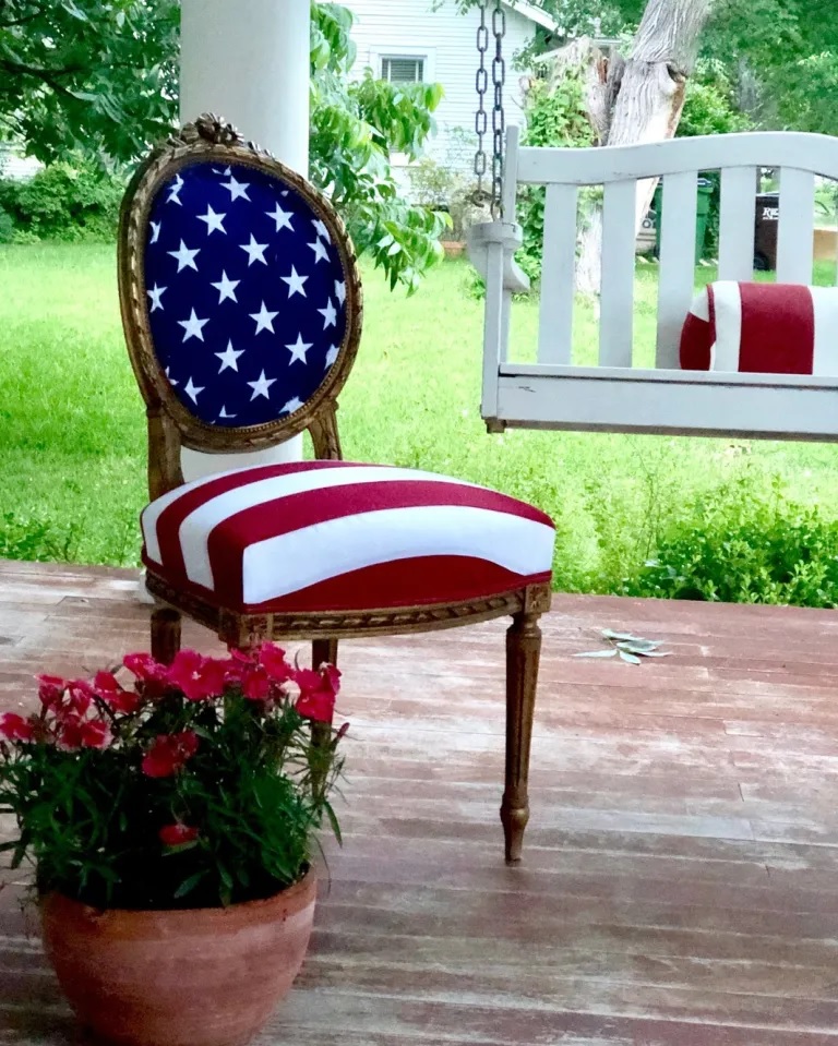 Edith & Evelyn Vintage Patriotic Vintage Reupholstered Chair on Porch