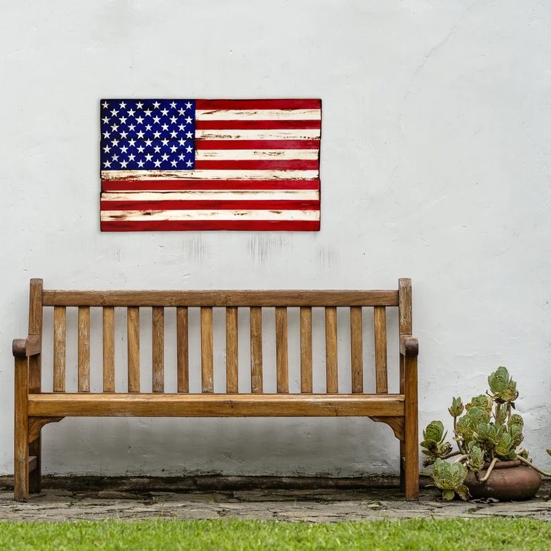 Pallets and Paint Etsy Rustic Wooden American Flag over outdoor bench