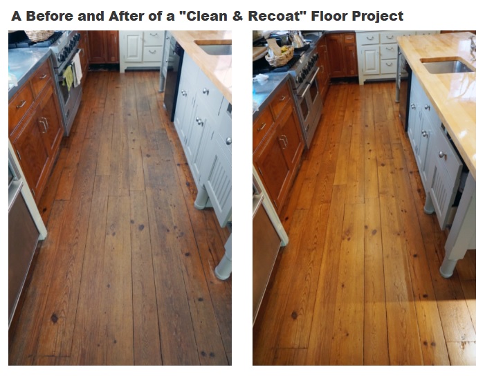 The Rosebud Company Clean & Recoat Before and After Photos of Hardwood Flooring in a Kitchen