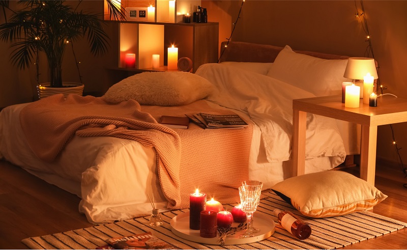 Spa Decor Ideas Warm Lighting with Candles and LED Garlands Bedroom