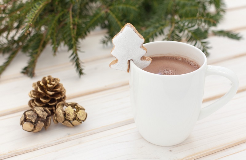Winter décor with mug of hot chocolate