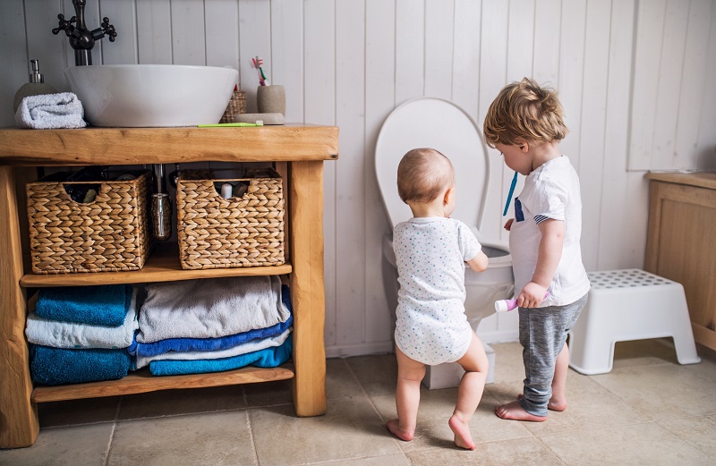 Young Siblings Placing Items into the Family Toilet
