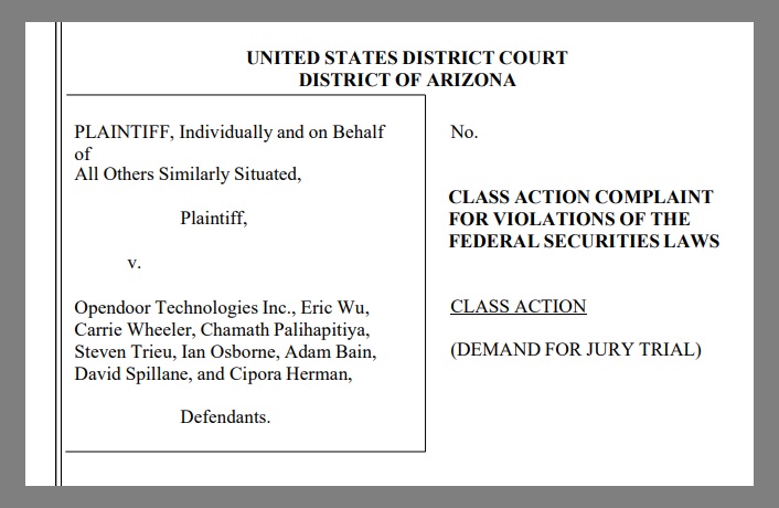Screenshot of Filed Class Action Complaint Against Opendoor
