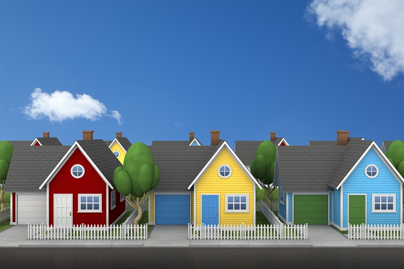 Simple Neighborhood with Three Houses in a Row: Red, Yellow, Blue with white picket fences