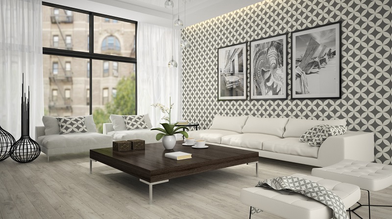 Living Room with Modern Gray Wallpaper with Geometric Pattern
