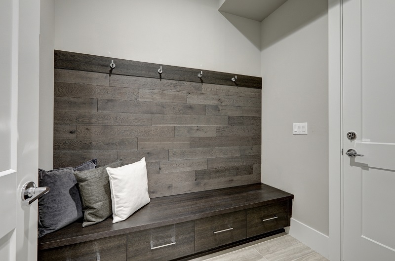 Mud Room with Gray Wood Cladding and Bench