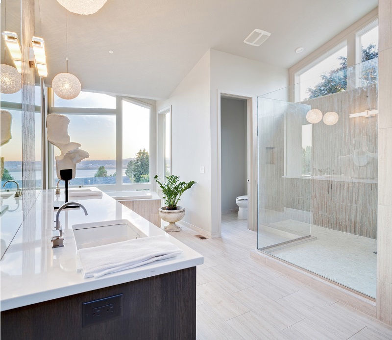 Elegant White Luxury Master Bath with Views