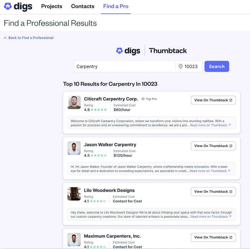 Digs and Thumbtack Partnership: Thumbtack search results on Digs platform