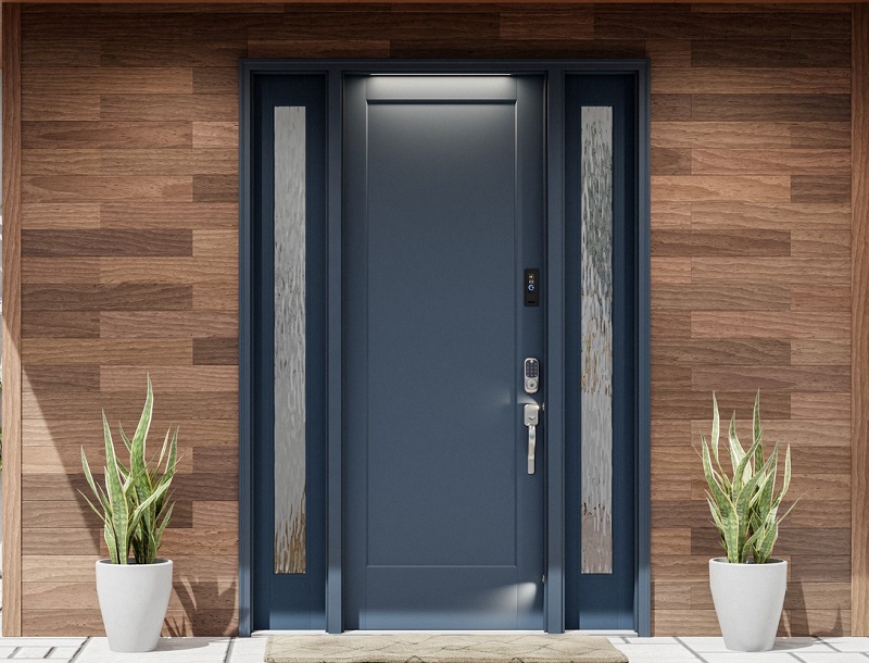 Masonite Blue M-Pwr Smart Door with Welcome Lights enabled