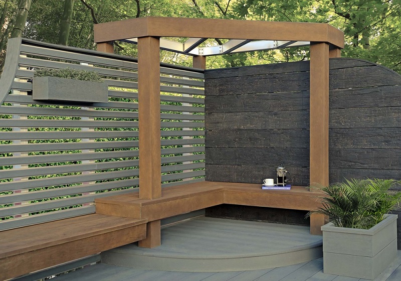Millboard permanent outdoor seating, hardscape backyard patio