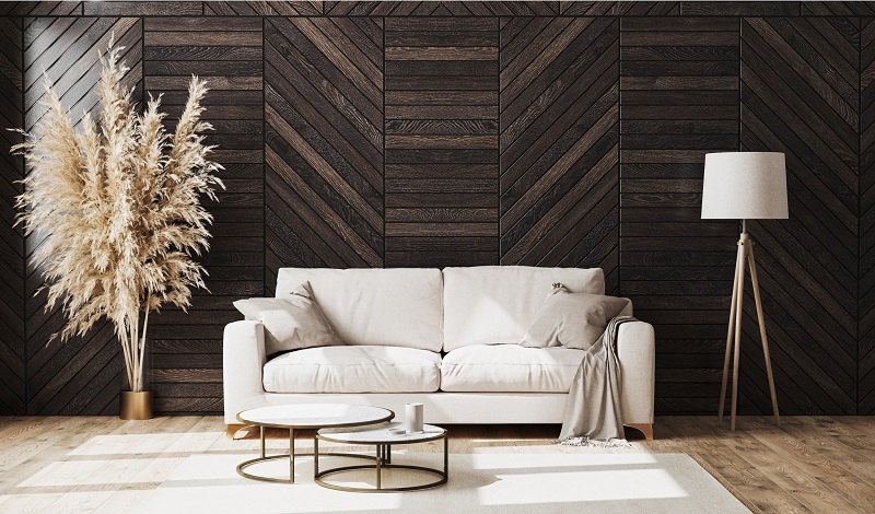 Modern neutral living room with dark brown natural shiplap accent wall