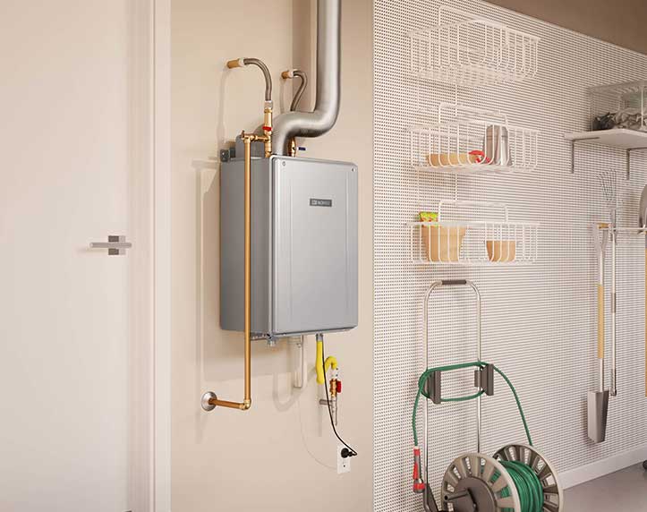 Noritz gas tankless water heater wall-mounted in garage