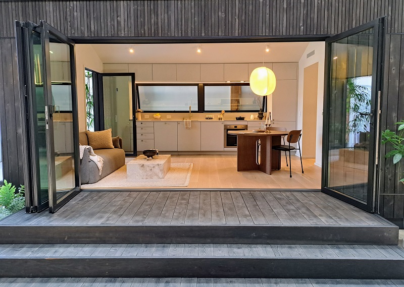 Abodu Los Angeles Showroom The Dwell House expanded deck with foldable patio doors