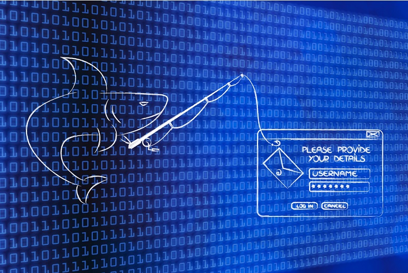 Email phishing diagram with cartoon shark fishing pole and computer prompt