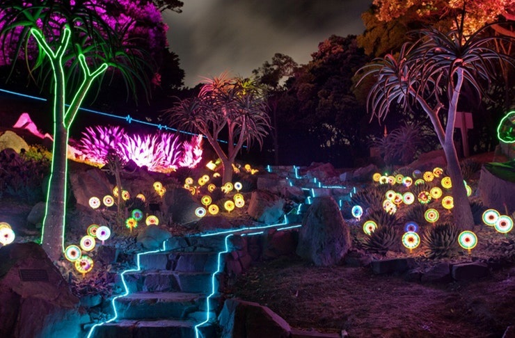 Colorful LED illuminated landscape and walkway from the 2018 Power Plant Auckland Arts Festival