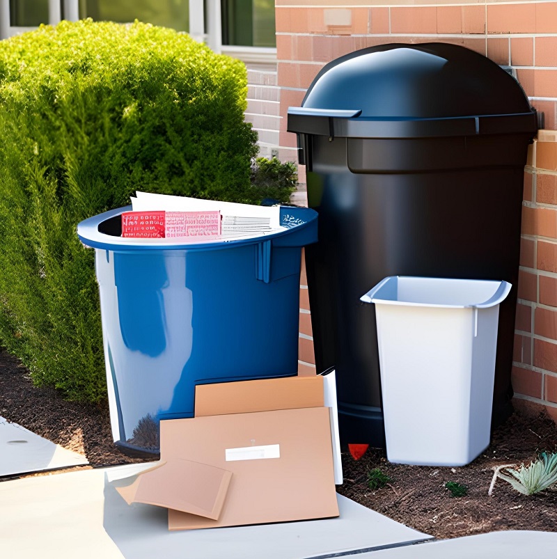 Trash bins outside home with personal documents and mail items