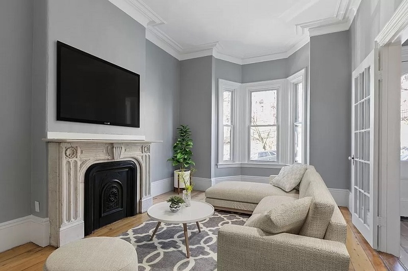 Modern living room in Victorian Row House, Boston, MA
