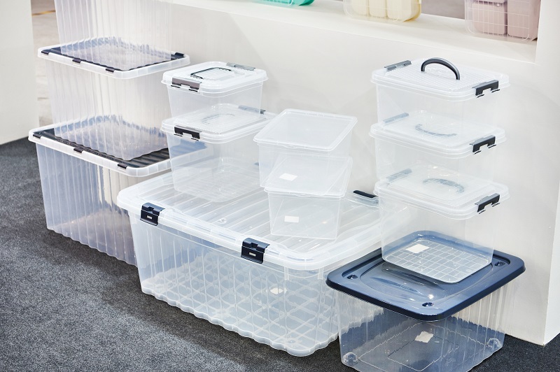 Clear plastic storage container bins