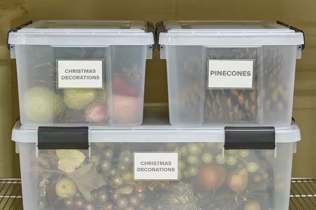 Clear plastic storage containers, labeled containing christmas decorations from the Container Store