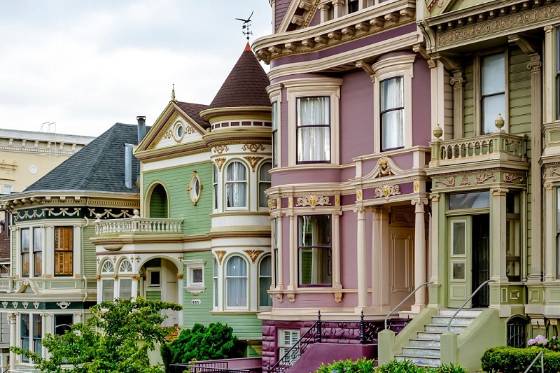Ornate, colorful Victorian row houses in San Francisco, California