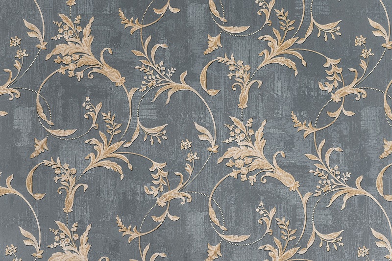 Victorian styled wallpaper with blue and gold floral pattern