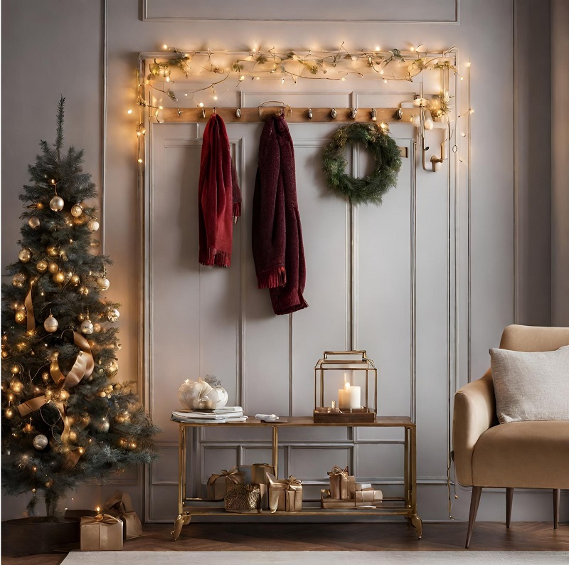 Traditional Christmas decorations draped over wall-mounted coat rack in living room