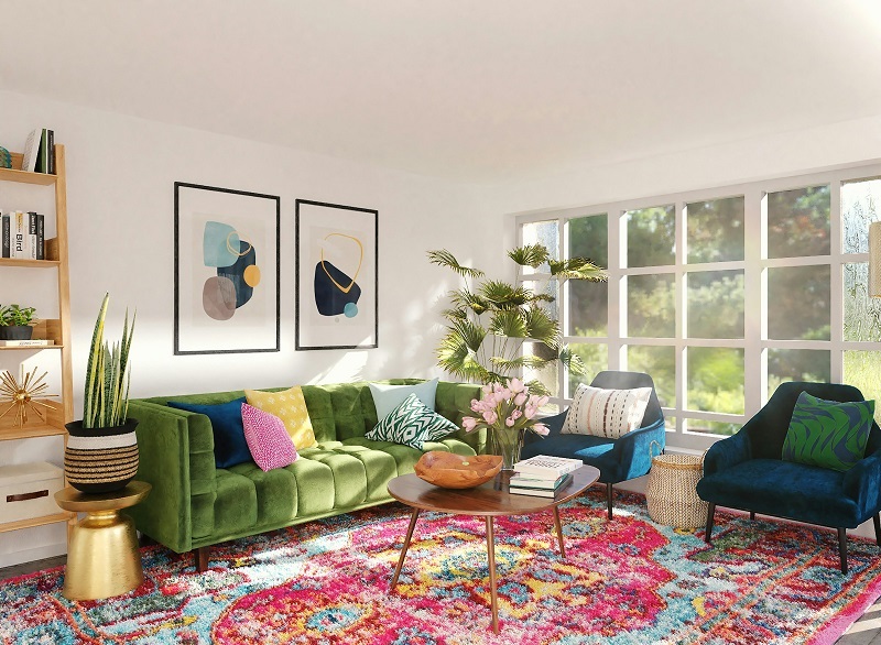 3D rendering of a midcentury bohemian living room