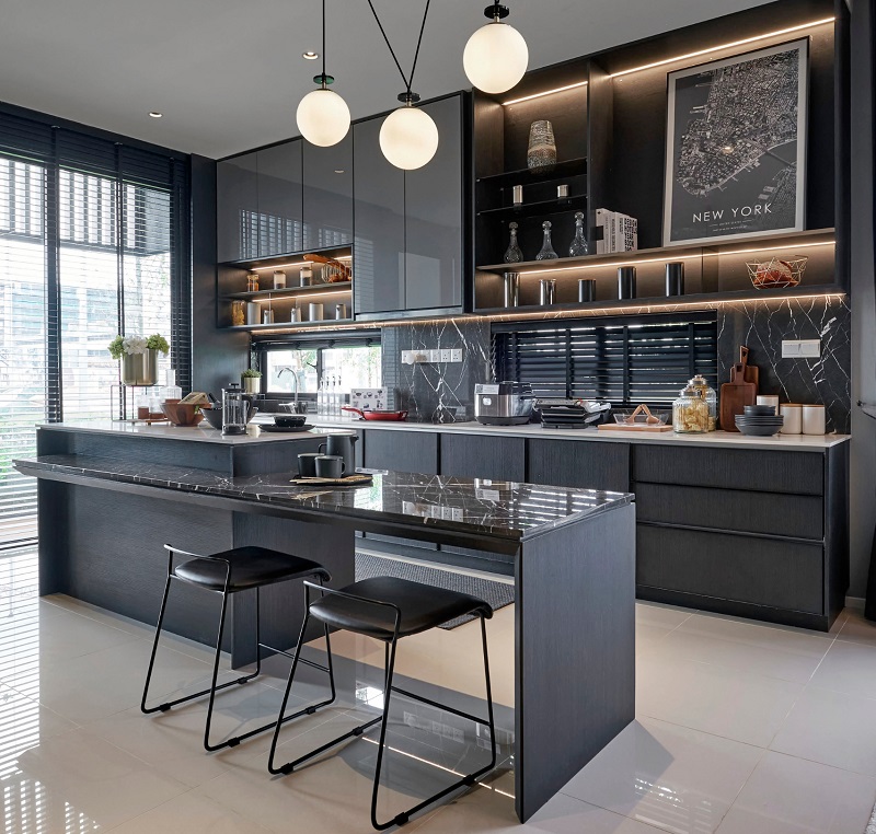 Modern kitchen with dark blue laminate cabinetry