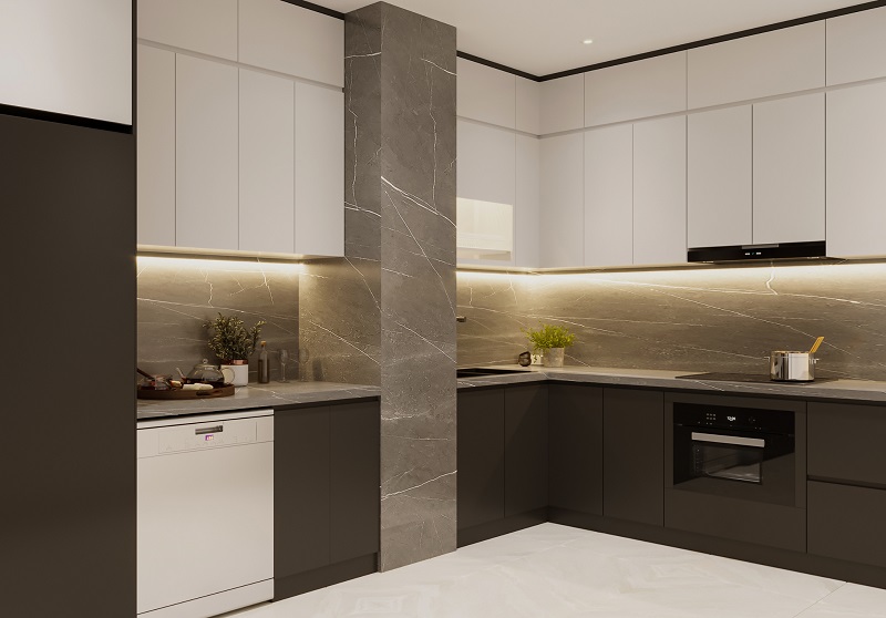 Modern kitchen with high gloss white and gray laminate minimalist cabinetry
