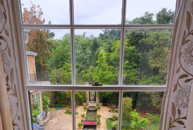 View of the Zen Garden by Gardzen Studio from an upstairs window, n the 2025 Pasadena Showcase House, Bauer Estate & Gardens