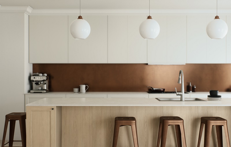Modern white kitchen with copper backslash and accent pieces