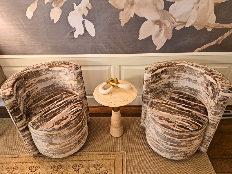 PSH 2025 Formal Dining Room designed Maria Videla-Juniel: featuring two Fairfield Swivel Lounge Chairs