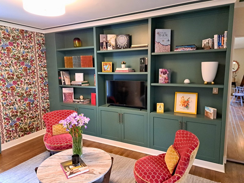 PSH 2025 Guest Suite designed by Karen Billman: Sitting Room with large built-in shelving