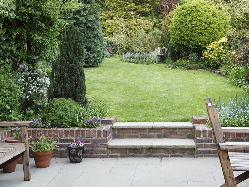 Short brick retaining wall with two steps to backyard, plus trimmed trees