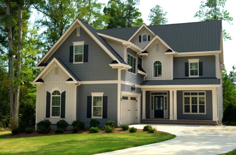 An After image generated by Hover's AI rendering engine that showcases a new exterior color scheme and metal roof