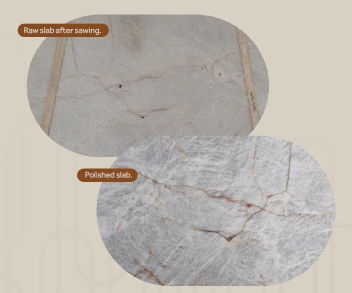 Decolores production process of Mont Blanc quartzite: Raw slab vs Polished slab