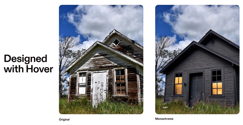 Designed with Hover, an old run down white farmhouse before photo vs a Hover AI-rendered after photo in Monochrome style