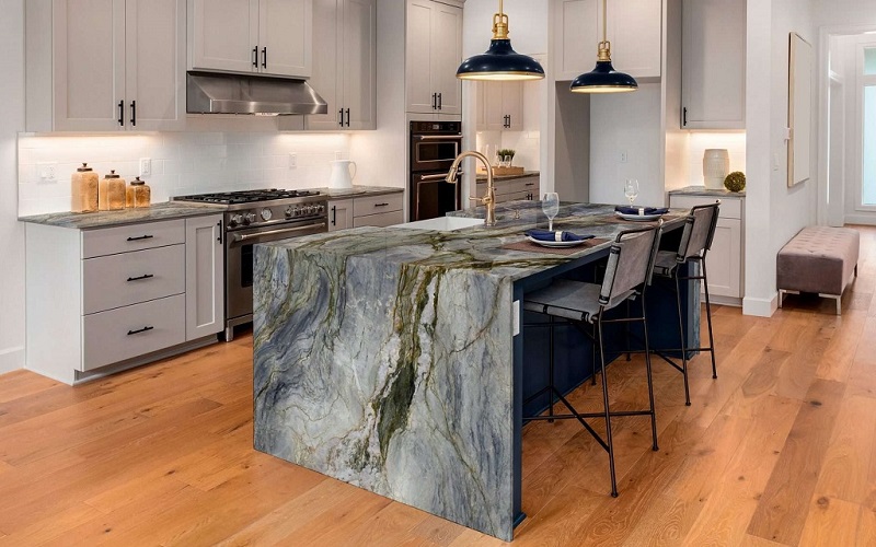 Tempest Blue quartzite kitchen island. Image courtesy of Elements Room