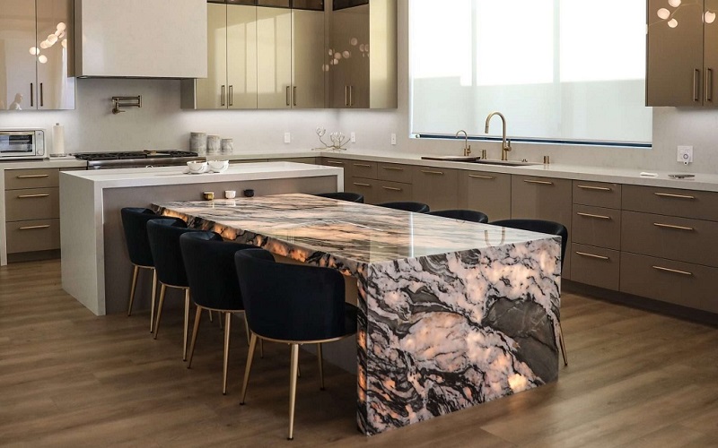 Elements Room Tempest Crystal Quartzite backlit kitchen island application