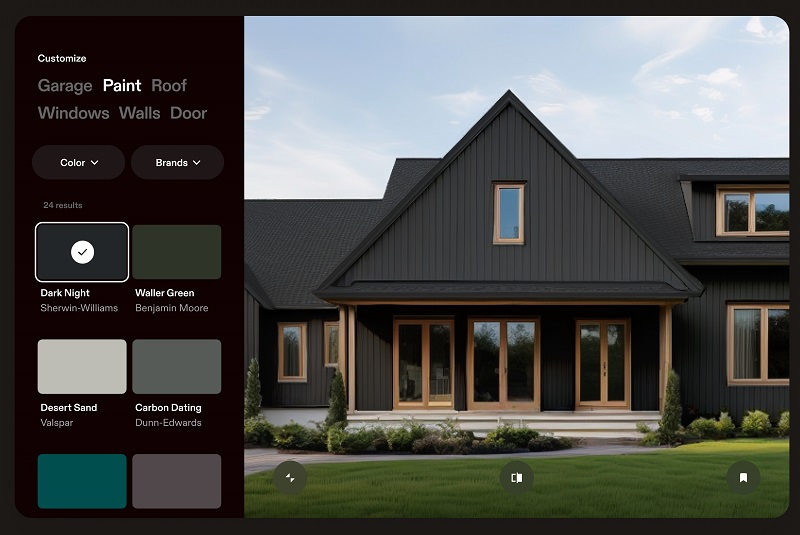 Screenshot of Hover's Instant Design AI-rendering tool, showing exterior paint options