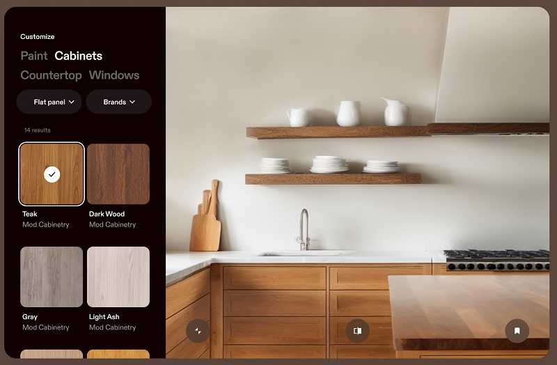 Screenshot of Hover's Instant Design AI-rendering tool showing interior kitchen cabinet options