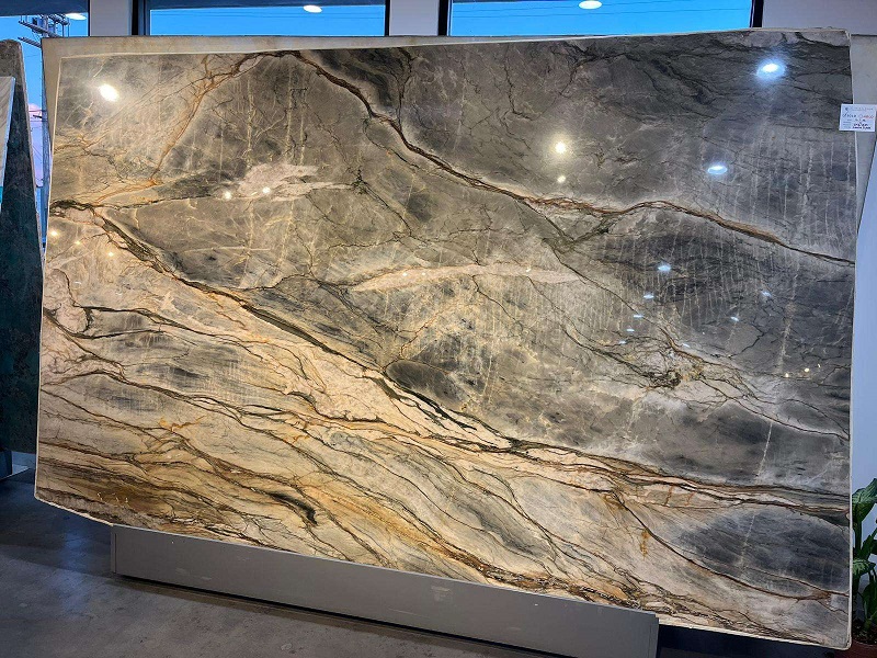 A beautiful slab of Tempest Blue quartzite on display at the Elements Room Burbank, California showroom. Image courtesy of Elements Room