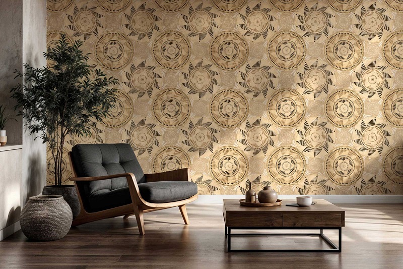 Pinwheel Fannas is a classic medallion wallcovering pattern composed of three of Darryl Stoneworth’s pinwheel basket designs, produced by Wolf-Gordon