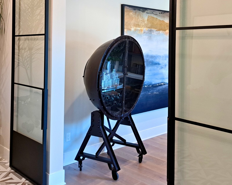 Custom one-of-kind black metal mobile bar cart
