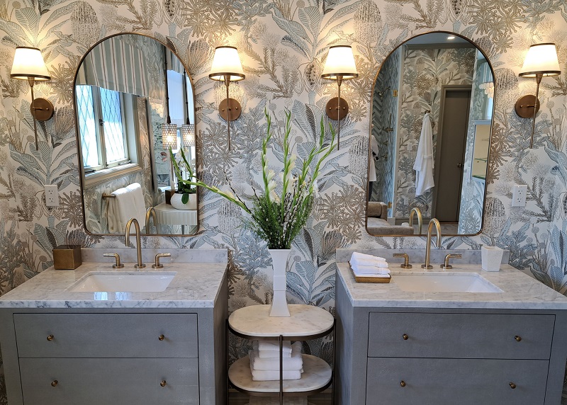 Elegant sconces in the master suite bathroom of the 2024 Pasadena Showcase House. Designed by Maria Videla-Juniel and her design firm The Art of Room Design
